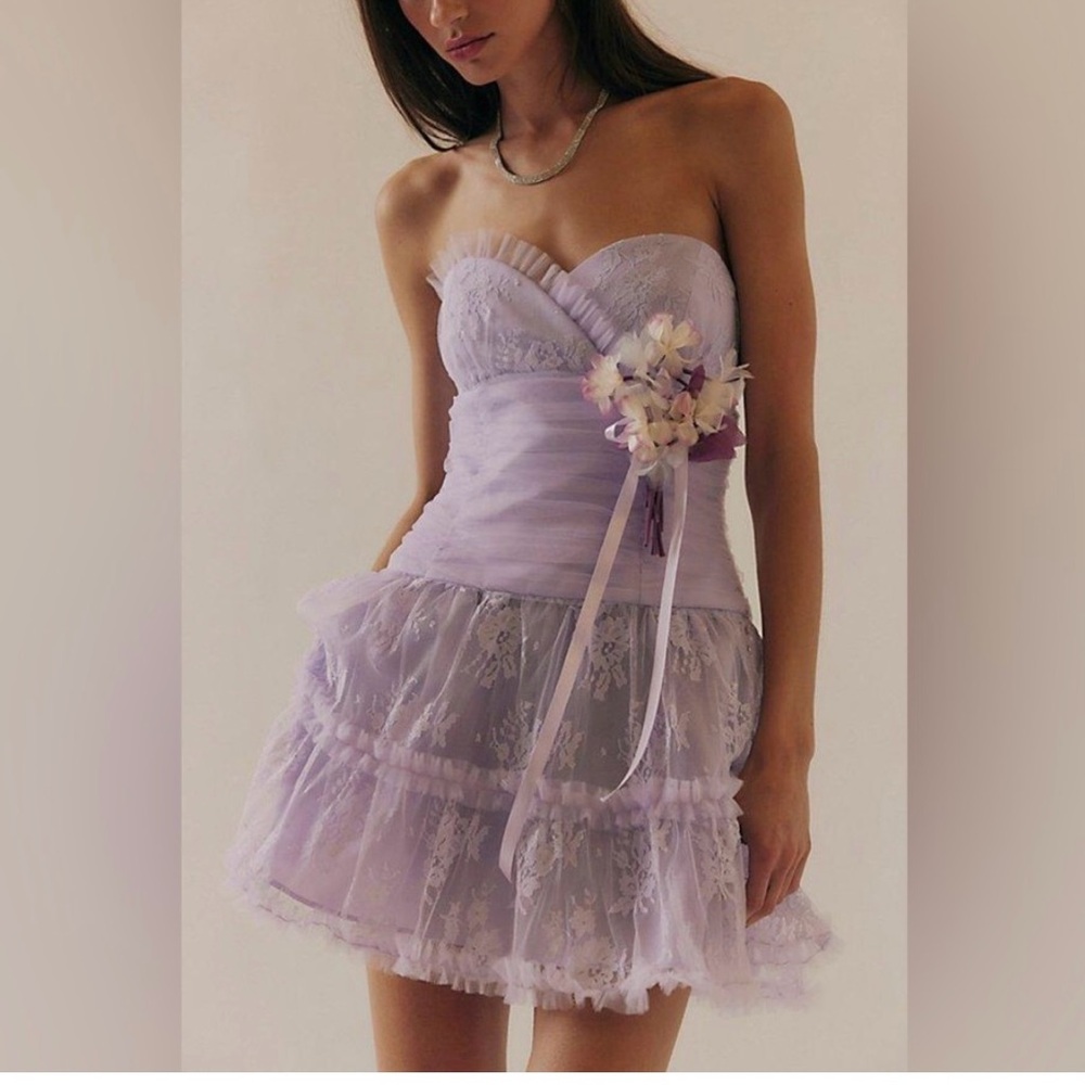 Anna Sui Party Girl Lace Strapless Ruffle Mini Dress with Flower Corsage
